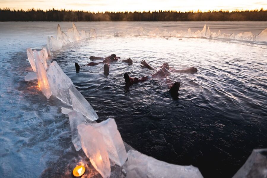 Daytime Ice Floating Rovaniemi, Frozen Lake Experience - The cottage, fire, hot drinks, and cookies