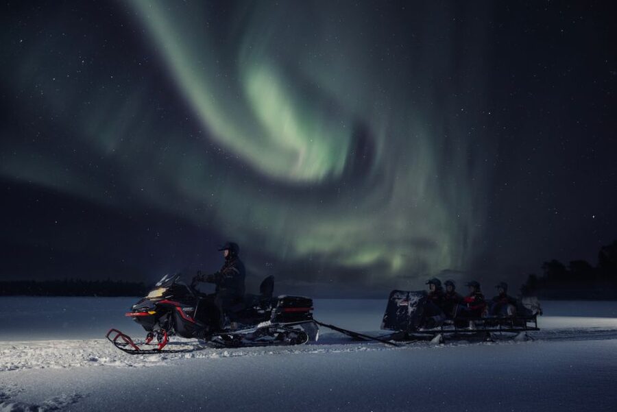 Ruka: Starlight sledging to search for Northern Lights - Sitting in the Sledge, Not Driving the Snowmobile